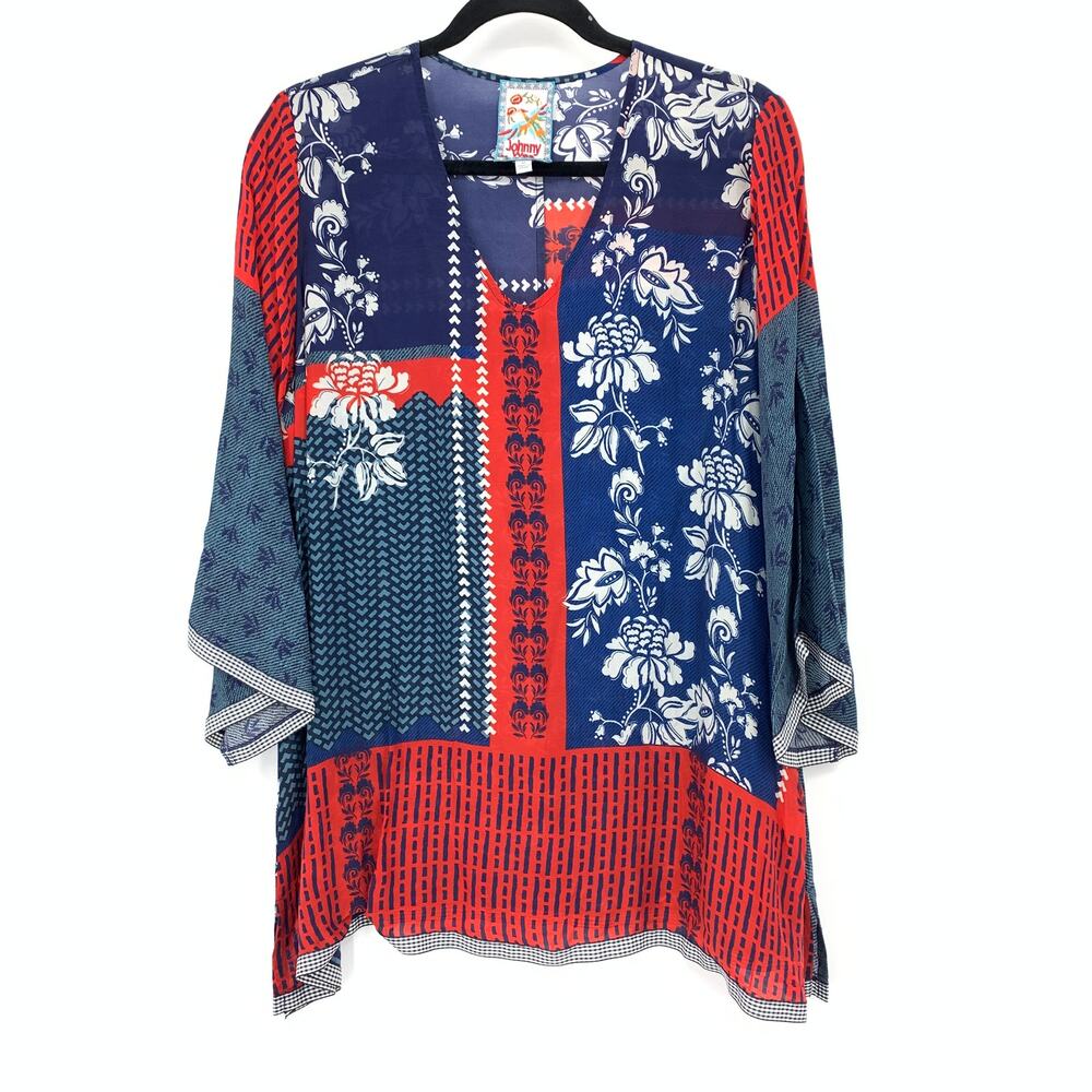 Johnny Was Womens Medium Patchwork Tunic Blouse Blue Red Floral Mixed Print Boho